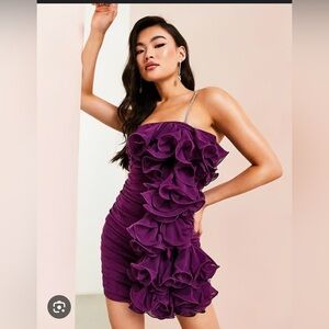 ASOS LUXE Ruched Exaggerated Frill Side Mini Dress with Diamond Straps in Purple